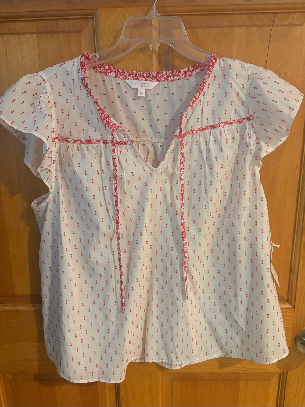 LC Lauren Conrad White Top with Red Floral Trim